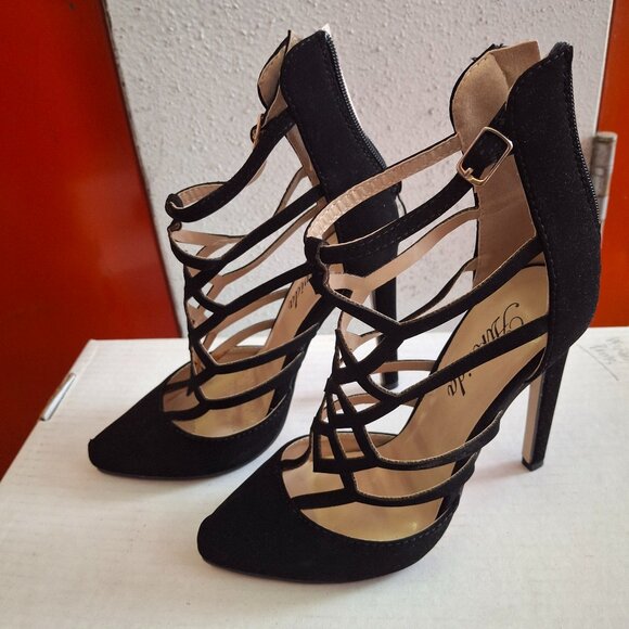 Black Velvet Caged Stiletto Pumps Heels Joline-11 Zip Back - Picture 1 of 8